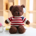 Peluche de oso marrón con suéter de rayas rojas y blancas sentado en libros - Oso Bandera Marrón Oscuro