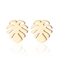 Golden monstera leaf stud earrings for women with polished finish on white background - Gold
