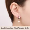 Pendiente de aro en acero pulido con colgante de cruz para estilo punk chic - Hebilla de oreja (Perforada) / Color Acero