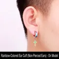 Iridescent stainless steel cross clip-on earring for non-pierced ears shown on model - Ear Clip (Non-pierced) / Colorful