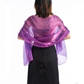 Rear view of model wearing a lightweight purple shawl with a subtle glossy finish - Purple