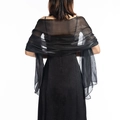 Elegant black sheer shawl for evening gowns and weddings, back view on professional model - Black