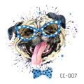 Watercolor pug tattoo sticker with blue sunglasses and polka dot bowtie style CC-007 - Pug With Sunglasses And Bow (CC-007)