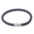 Men's navy blue braided leather bracelet with a polished silver magnetic metal clasp - Navy Blue