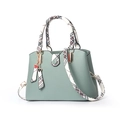 Light green PU leather tote bag with plaid scarf handle and heart charm detail - Light Green