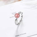 Adjustable silver ring with pink strawberry quartz and hollow wave pattern with small zircons - Adjustable Open / Pink Strawberry Crystal