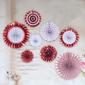 Set of 8 red and gold foil decorative paper fans with stripes and polka dots - 10.8