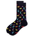 Detail view of black crew socks featuring vibrant abstract hot dog pattern on white background - Black Small Hotdog