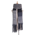 Gray and navy blue thick knit scarf with striped plaid pattern and tassel fringe detailing - 190x50+15cm / Dark Grey