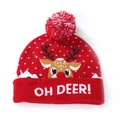 Red Christmas knitted beanie with LED lights, cartoon deer pattern and white pom-pom top - One Size / Burgundy Christmas Reindeer