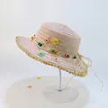 Light pink woven straw sun hat for girls with flower beads and frayed brim edge - Frayed Edge Flat Top / Light Pink - Daisy Bead Frayed Edge