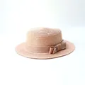 Kids flat top khaki straw boater hat with a decorative ribbon bow for summer sun protection - Pink - Bowknot Flat Top
