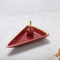 Ceramic triangle pie jewelry tray in red and gold with a central ring holder post - Pizza Slice Dish