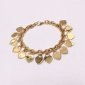 Golden titanium steel link bracelet featuring multiple heart shaped pendants and lobster clasp - Gold
