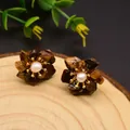 Retro tiger eye stone flower earrings with white pearl center and 925 silver needle - Tiger's Eye