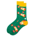 Funny green and yellow crew socks with bacon and egg patterns for men, knitted cotton - Bacon