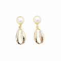Bohemian gold shell earrings with round white pearl studs for a tropical ocean look - Artificial Pearl Ripple Conch Style (E1906-2)