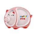 Pink pig-shaped bamboo fiber kids divided plate with Happy Pigs colorful text - 032 Happy Pig Plate