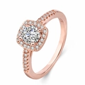 Rose gold engagement ring with round center diamond and halo setting on a white background - Adjustable Open / Rose Gold/White Zirconia