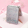 Portable folding mirror with silver glitter sand and colorful heart sequins in pink - Rectangle / Silver Quicksand