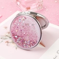 Cute pink round pocket mirror with liquid flowing glitter and sequins for travel - Round / Pink Quicksand