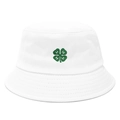 Close-up of green four-leaf clover embroidery with H detail on white cotton bucket hat - Clover White