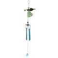 Detalle del carillón de ángel de cristal pintado con tubos metálicos azules y colgante de gota - Ángel Verde (Tubos de Campana de Viento)