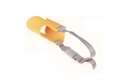 Detail of yellow duckbill dog muzzle with adjustable grey nylon strap and buckle - Orange (OPP Packaging)