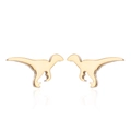 Macro view of gold dinosaur stud earrings showing detailed velociraptor silhouette - Gold