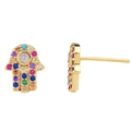 Golden Hamsa earrings featuring colorful zircon stones and detailed side view on white - erq24 Hamsa Hand