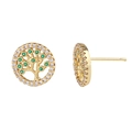 Golden Tree of Life stud earrings with green crystals and white zircon halo - erq24 Tree of Life
