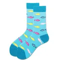 Detail of light blue crew socks with fish patterns and navy blue heel accents - Size 38-45 / Colored Fish