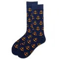 Detail von dunkelblauen Socken mit orangefarbenem Ankermuster und Rippbündchen - Größe 38-45 / Marineblauer Anker