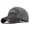 Distressed charcoal cotton baseball cap with BLACK patch and brown leather brim - Adjustable / Black and Army Green