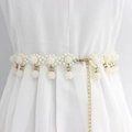 Elegant white pearl waist chain with gold metal links and floral charms for women's dresses - WP242-1 (Flower Cluster Gold Pearl)