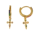 Detail of golden hoop earrings with colorful zircon stones and hanging cross charms - Cross / Gold