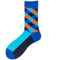 Mid-calf cotton socks with argyle pattern in blue and orange geometric color blocking - Size 39-45 / Blue Red Plaid