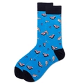 Detail of blue crew socks featuring sushi and shrimp patterns with reinforced black toe - Blue Sushi