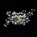 Elegant gold bridal hair comb with white pearls and sparkling crystals on black background - Iron Wire Version / Gold