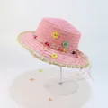 Pink straw sun hat for kids featuring colorful pearl beads and decorative floral accents - Deep Pink - Daisy Bead Frayed Edge