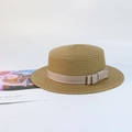 Kids wide brim straw hat with light pink ribbon bow and wave edge detail - Khaki - Bowknot Flat Top