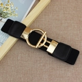 Elastic black waist belt for women with a round gold metal buckle and leather trim - 75cm / Black