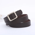 Close-up of a dark brown leather belt with a square silver buckle and stitched details - Coffee - Square Buckle