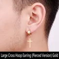 Polished gold stainless steel hoop earring with large cross pendant for men - Hoop (Pierced) / Gold