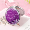 Portable folding makeup mirror featuring purple glitter heart sequins in a round silver frame - Round / Purple Quicksand