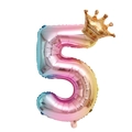 Macro shot of gradient rainbow number 5 foil balloon with a golden crown detail - Number 5 With Crown