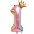 Detailed view of large number 1 balloon in rainbow gradient with a small gold crown on top - Number 1 With Crown