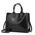 Fashionable black leather tote bag with white contrast stitching and long strap - Black with White Stitching