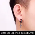 Punk style black stainless steel cross ear cuff clip for non-pierced ears on model - Ear Clip (Non-pierced) / Black