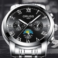 Detail of ORUSS business watch with moon phase, dual calendar, and black roman dial - Silver Steel Black Dial